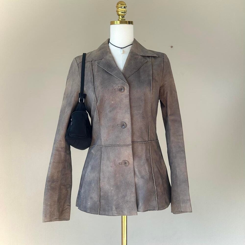Women's Suede Leather Blazer Anonymous John Carlisle Brown Jacket - Size Small